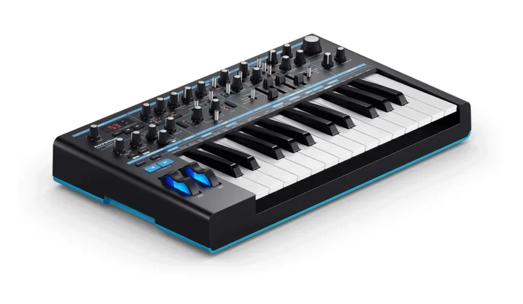 Novation Bass Station II analog synth with 25 full-size keys, seen from an angle