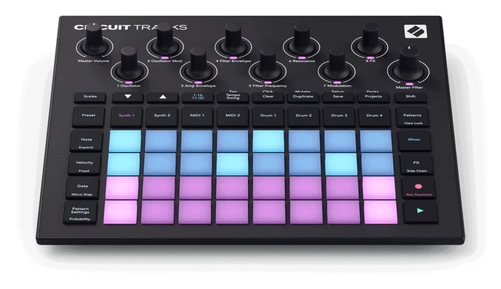 Novation Circuit Tracks groovebox with a grid of light-up pads and a row of knobs