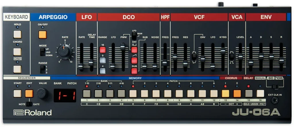 Roland Boutique JU-06A sound module with Juno-style red and blue sections and rows of sliders