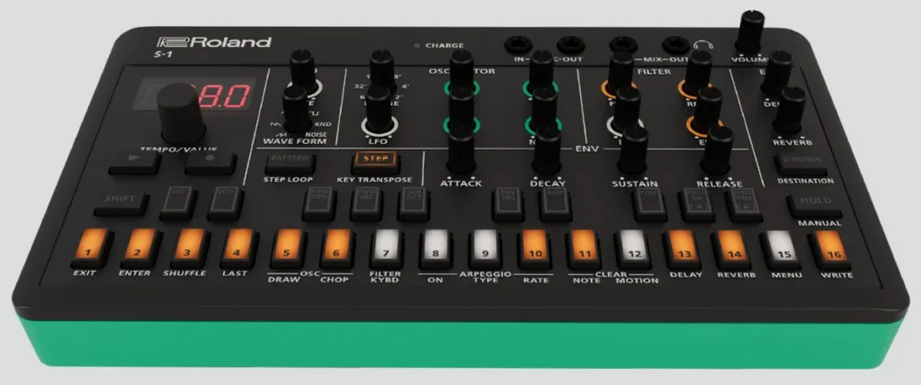 Roland S-1 Tweak Synthesizer, a small black desktop synth with colored knobs and a row of orange and white pads
