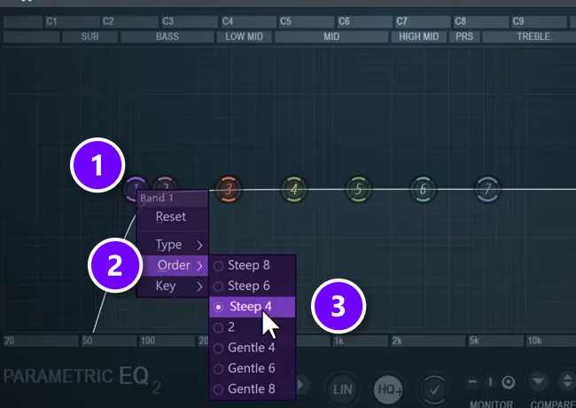 Parametric EQ 2 band 1 (1) right-click menu with Order (2) open and Steep 4 (3) selected