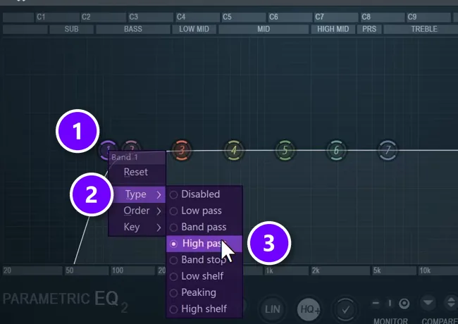 FL Studio Parametric EQ 2 with band 1 (1) right-clicked, the Type menu (2) open and High pass (3) selected on a second bass layer