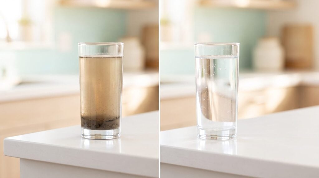 Two identical glasses side by side, one with muddy water and sediment at the bottom and one perfectly clear, like a mix before and after high-pass filtering