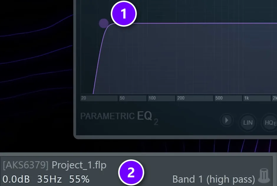 Parametric EQ 2 on the master with band 1 (1) at 35 Hz and the hint bar (2) reading Band 1 (high pass)