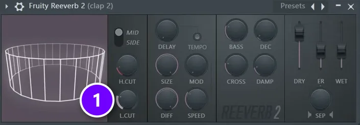 Fruity Reeverb 2 on a clap with the L.CUT low cut knob (1) turned up to 813 Hz
