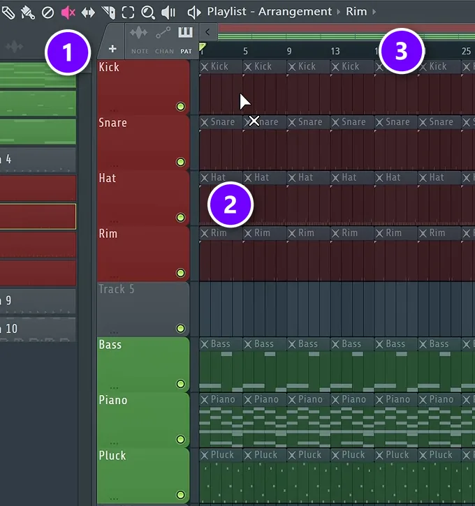 FL Studio Playlist with the loop duplicated to about 70 bars, the Mute tool (1), muted clips marked X (2) and the bar ruler (3)