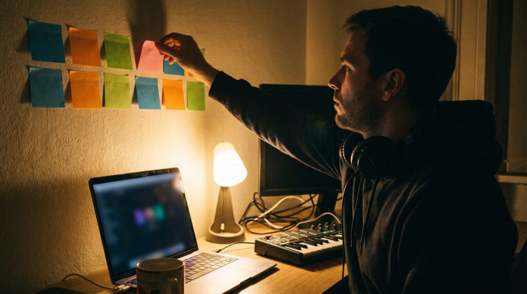 Producer at a home desk at night moving one of a row of colored sticky notes laid out like a song plan