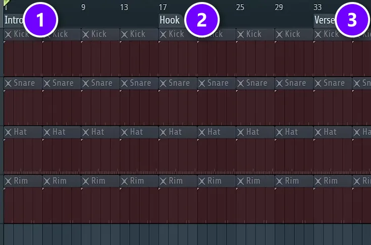 FL Studio time markers over muted clips: Intro at bar 1 (1), Hook at bar 17 (2) and Verse at bar 33 (3)