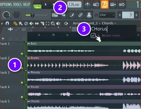 Stems of a reference song on separate FL Studio Playlist tracks (1), the tempo box (2) and a new marker being named (3)