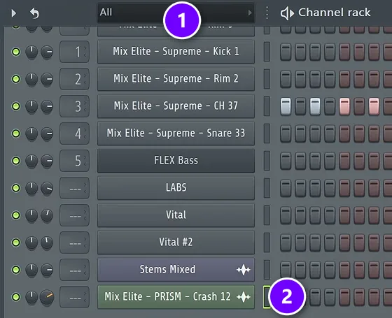 FL Studio Channel Rack with the filter set to All (1) and the dropped crash sample on its own row (2)