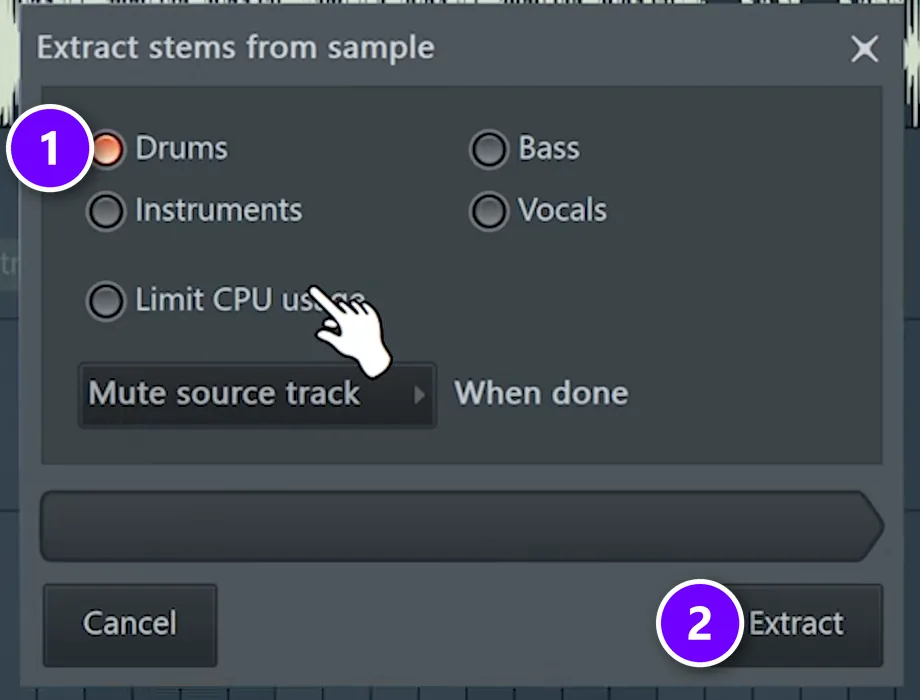 FL Studio Extract stems from sample window with Drums selected (1) and the Extract button (2) numbered
