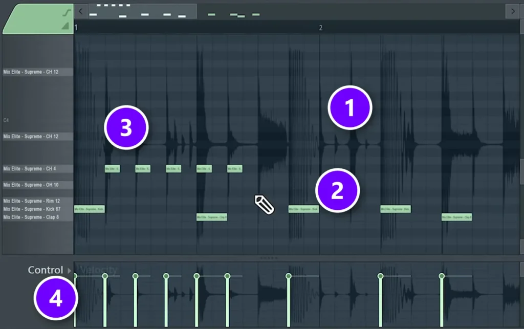FL Studio Piano roll for FPC with a drum loop as a guide (1), new kick notes (2), hi-hat notes (3) and the velocity lane (4) numbered
