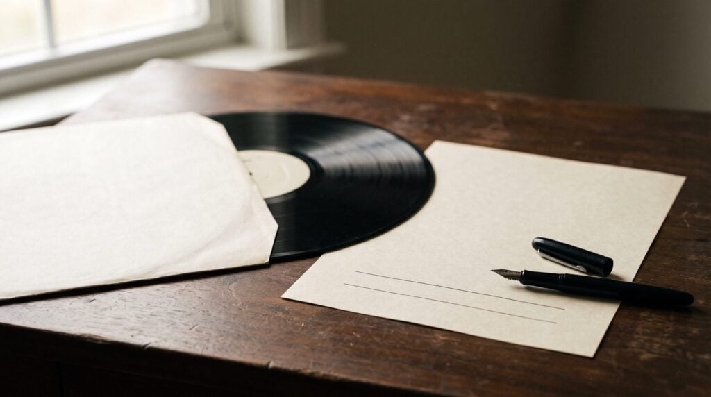 Vinyl record half out of a white sleeve next to a blank sheet with two empty signature lines and a fountain pen