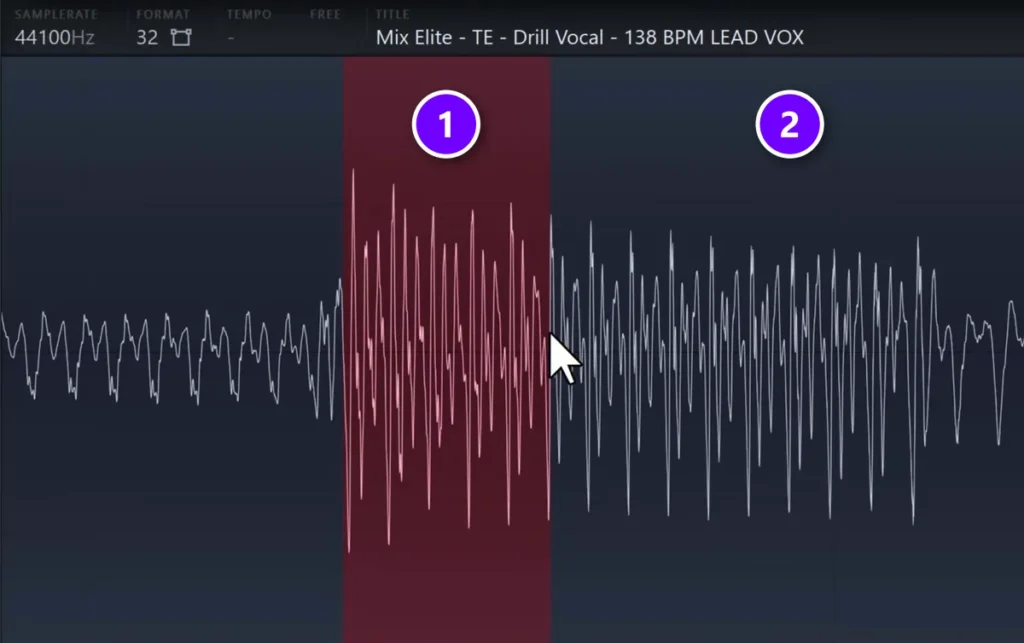 Edison zoomed in on one word of a vocal with the first 27 ms highlighted in red (1) and the rest of the word (2)
