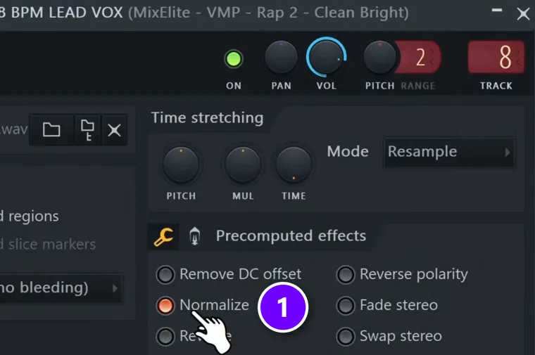 FL Studio audio clip channel settings with Normalize (1) switched on under Precomputed effects
