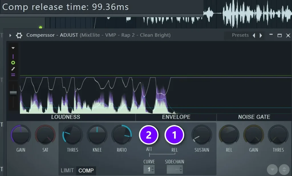 Fruity Limiter in COMP mode with the release (1) set to 99.36 ms and the attack (2) at about 30 ms