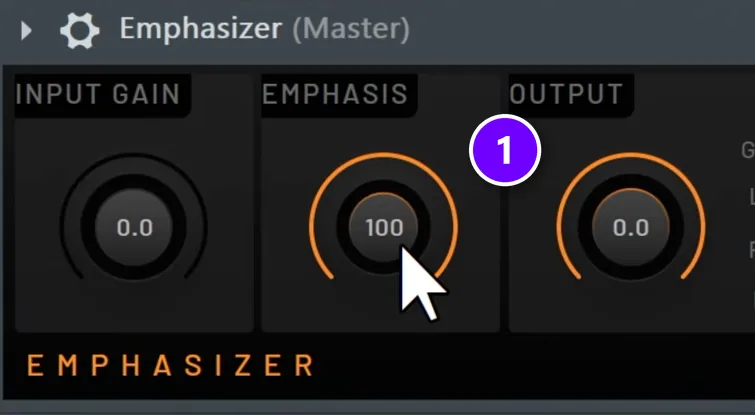 Emphasizer on the FL Studio master with the EMPHASIS knob set to 100 (1) numbered