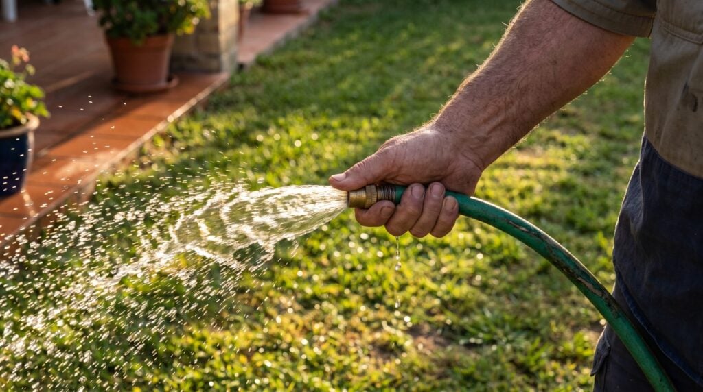 A man's thumb half over the end of a green garden hose, shooting a strong spray across a sunlit lawn, like getting more punch from the same level