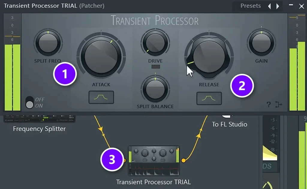 Transient Processor in FL Studio Patcher with ATTACK (1), RELEASE (2) and the plugin on the high band after the Frequency Splitter (3) numbered