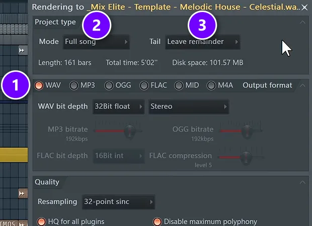 FL Studio render window with WAV (1), Mode set to Full song (2) and Tail set to Leave remainder (3) numbered