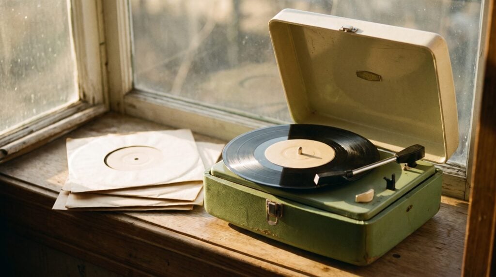 A 7-inch single spinning on a small green portable record player on a sunny windowsill, a reminder that a finished song can be short