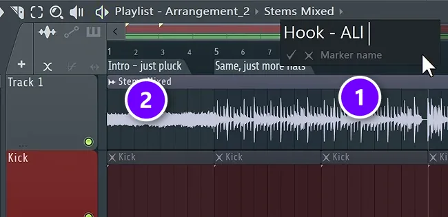 FL Studio Playlist with the Marker name box opened by Alt+T (1) and a named marker, Intro - just pluck (2)