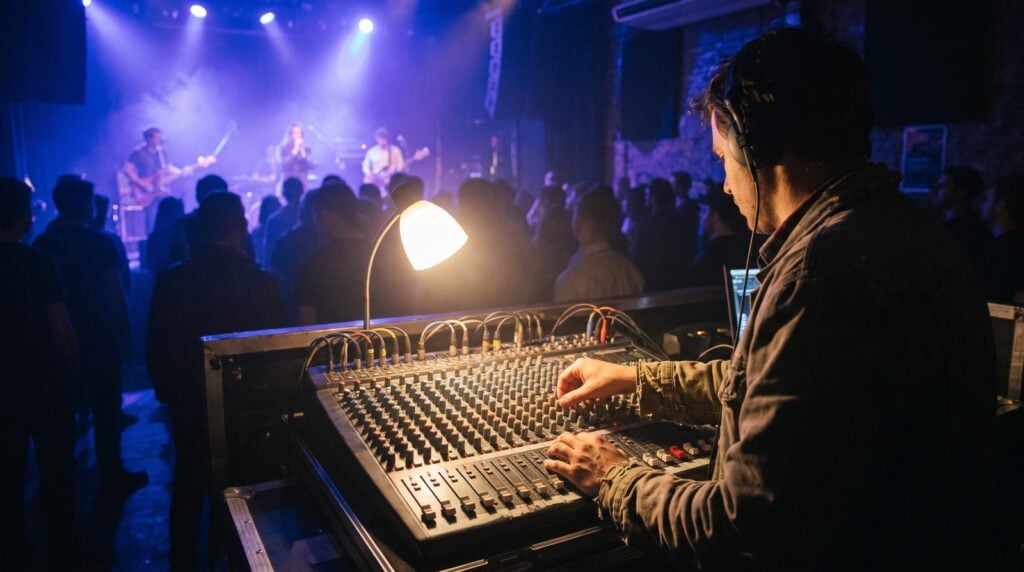 A sound engineer in headphones mixes a band from the front-of-house desk of a small venue, the stage lit blue and violet ahead
