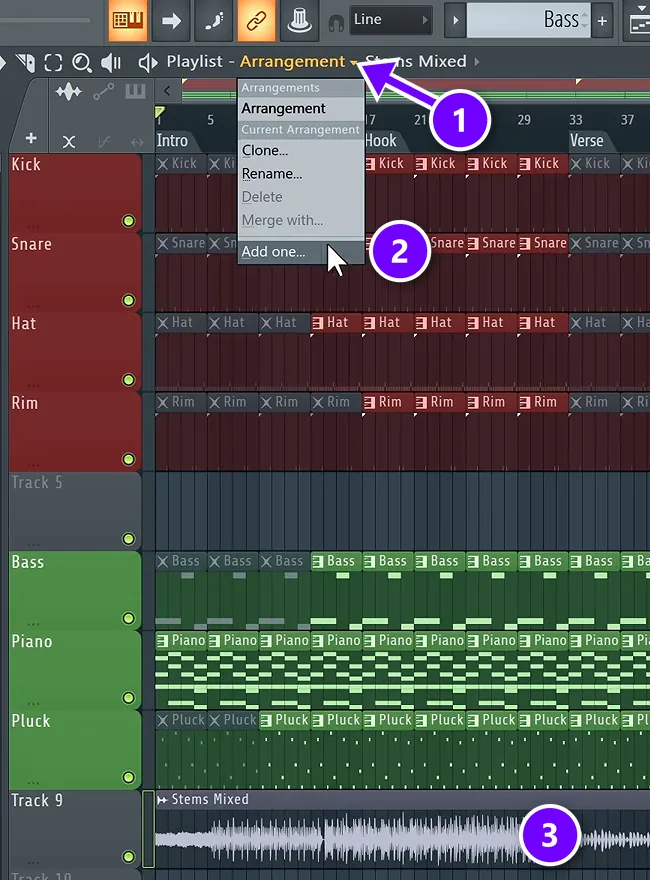 FL Studio Playlist with the arrangement menu arrow (1), Add one (2) and a reference song on its own track (3) numbered
