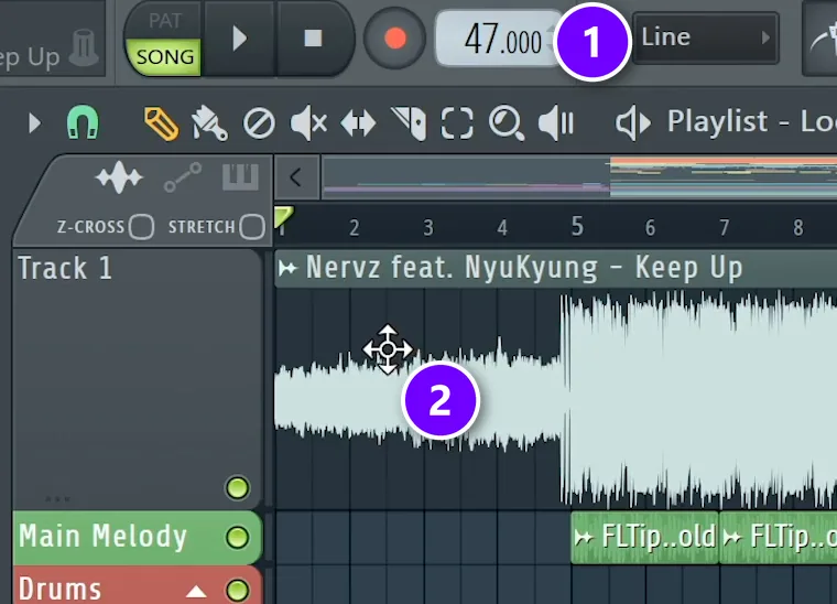FL Studio toolbar with the tempo set to 47 BPM (1) and a reference song on Track 1 of the Playlist (2)