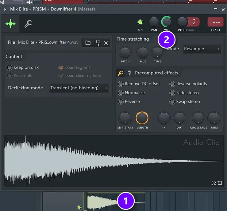 FL Studio sampler window for a downlifter FX sample, with its clip in the Playlist (1) and the VOL knob (2) numbered