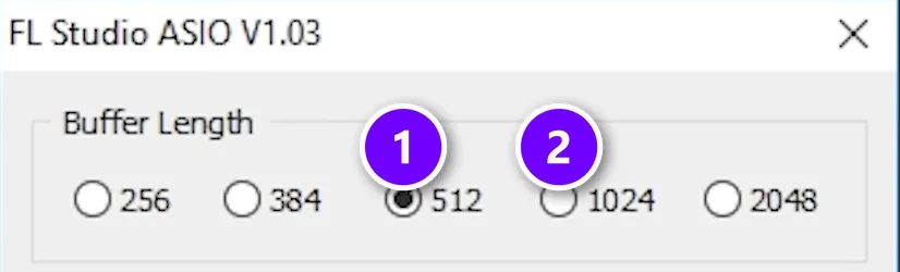 FL Studio ASIO panel with the Buffer Length set to 512 samples numbered 1 and the next size, 1024, numbered 2