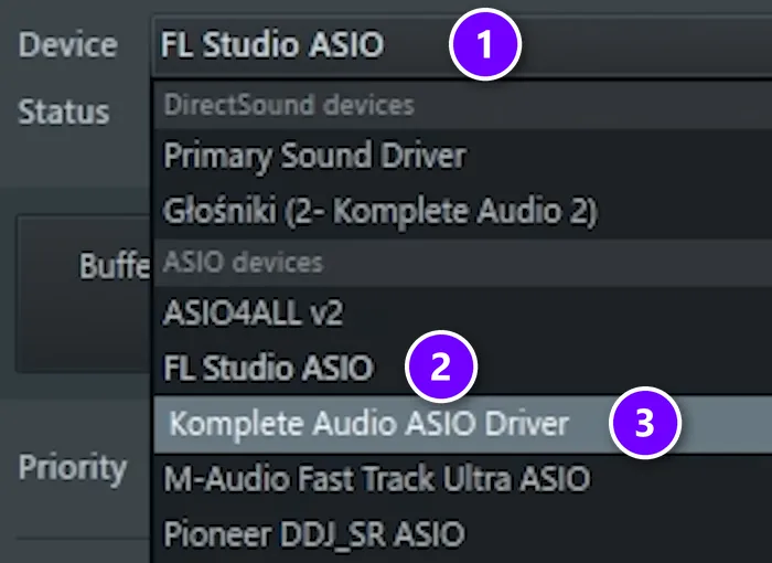 FL Studio Audio settings Device menu numbered 1, with FL Studio ASIO numbered 2 and an audio interface ASIO driver numbered 3