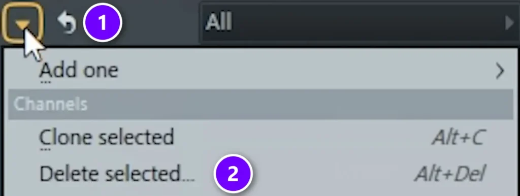 FL Studio Channel Rack options button numbered 1 and Delete selected numbered 2