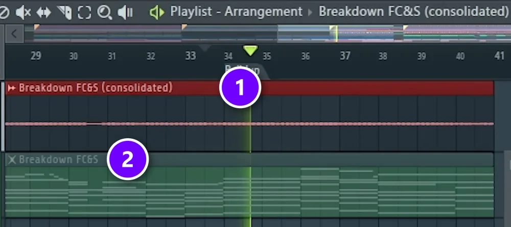 FL Studio Playlist with the consolidated audio clip numbered 1 above the muted original pattern numbered 2