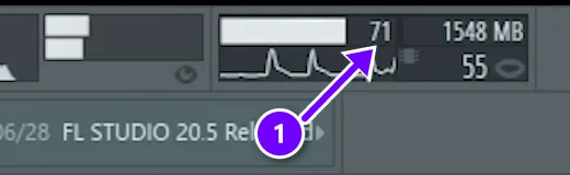 FL Studio CPU and Memory panel with the CPU load number numbered 1, next to memory in MB and the voice count