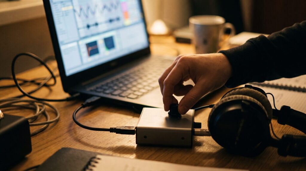 Hand turning the knob of a small USB audio interface plugged straight into a laptop, with studio headphones on the desk