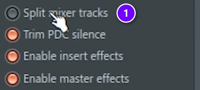 FL Studio export window with the Split mixer tracks option numbered 1