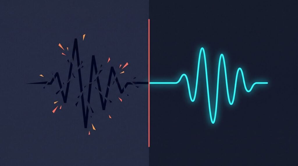 Split image: a cracked, broken sound wave throwing off sparks on the left and the same wave smooth and unbroken on the right, like audio before and after fixing crackles