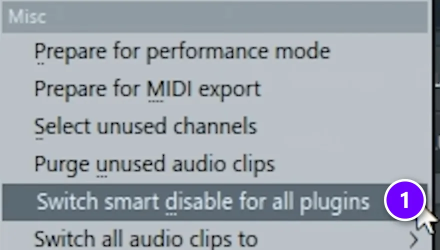 FL Studio Tools Macros menu with Switch smart disable for all plugins numbered 1