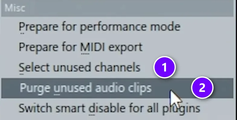 FL Studio Tools Macros menu with Select unused channels numbered 1 and Purge unused audio clips numbered 2