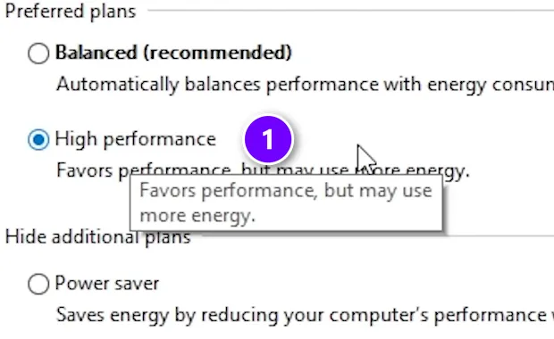 Windows Power Options with the High performance plan numbered 1