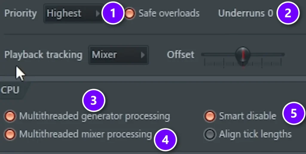 FL Studio Audio settings with Priority numbered 1, the Underruns counter numbered 2, the two multithreaded processing options numbered 3 and 4 and Smart disable numbered 5
