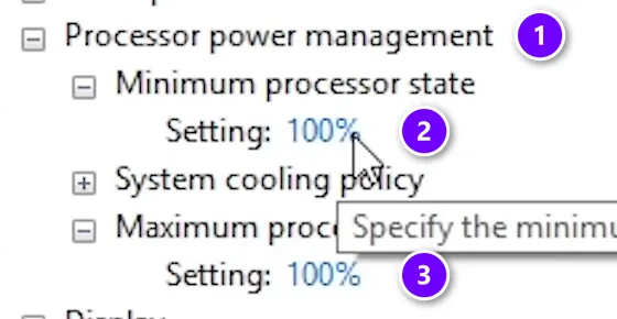 Windows advanced power settings with Processor power management numbered 1 and the minimum and maximum processor state set to 100 percent numbered 2 and 3