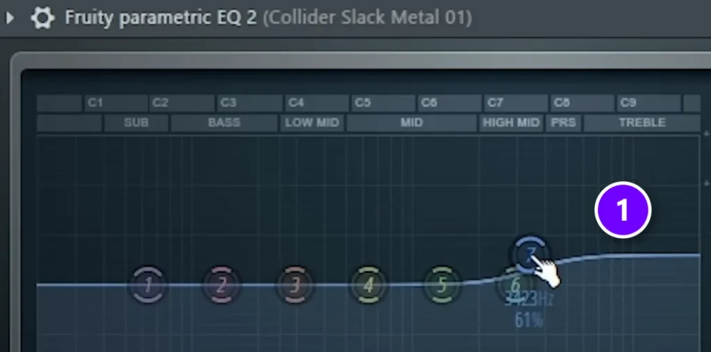 Fruity parametric EQ 2 in FL Studio with a gentle high boost numbered 1
