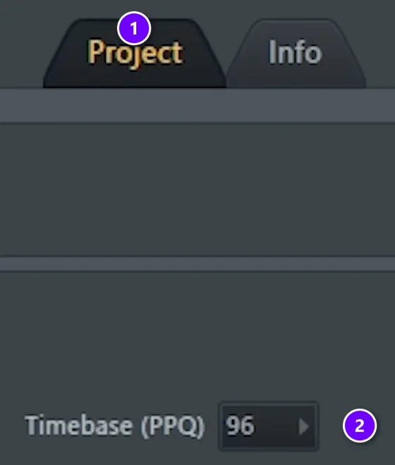 FL Studio project settings with the Project tab numbered 1 and Timebase (PPQ) set to 96 numbered 2
