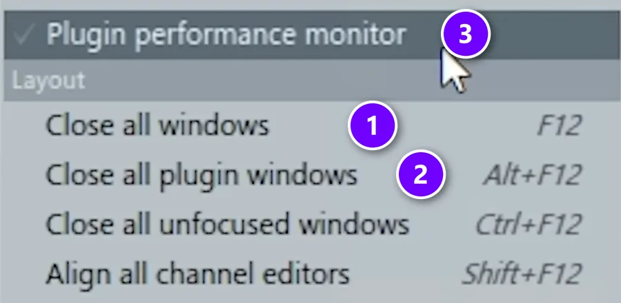 FL Studio View menu with Close all windows F12 numbered 1, Close all plugin windows numbered 2 and Plugin performance monitor numbered 3