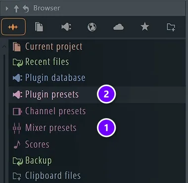 FL Studio Browser with the Mixer presets folder numbered 1 and the Plugin presets folder numbered 2