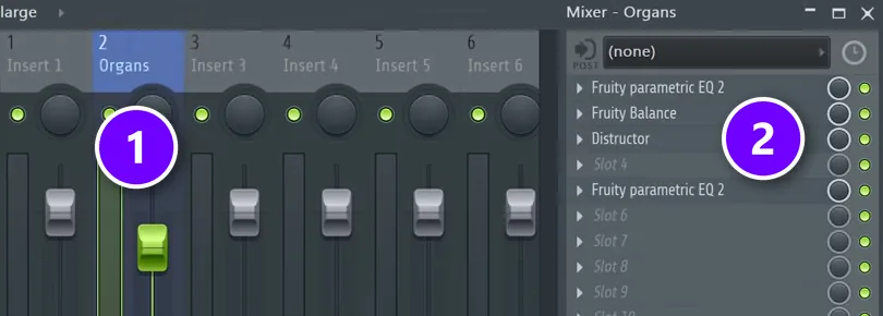 FL Studio mixer after loading a mixer track state, with the renamed Organs track numbered 1 and its effect chain in the slots numbered 2