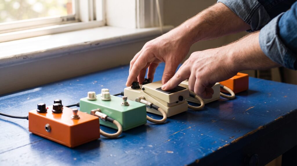 Hands lining up five colorful guitar pedals joined by short patch cables on a blue table, like a ready-made effect chain