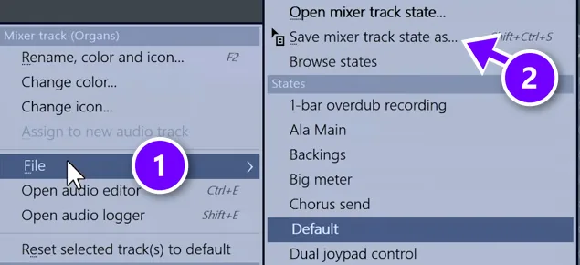FL Studio mixer track menu with File numbered 1 and Save mixer track state as numbered 2